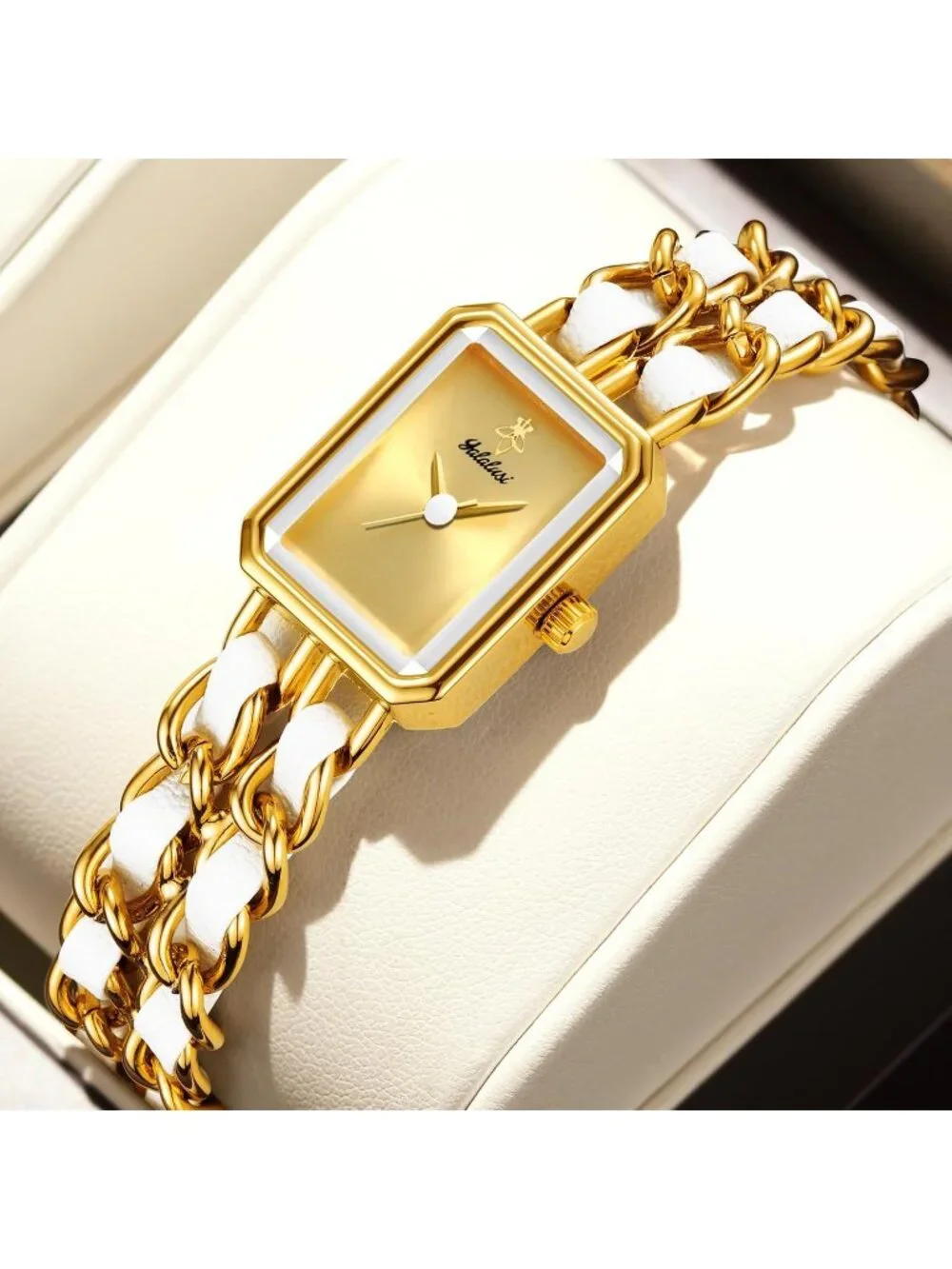 Women's White Gold Square Adjustable Chain Braid Band Quartz Retro Wrist Watch